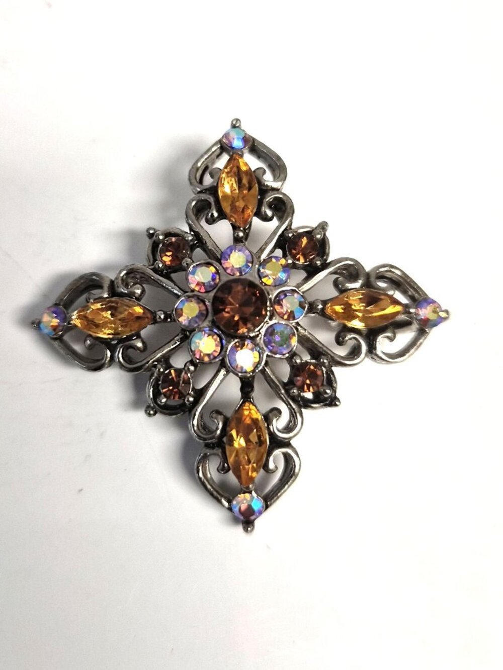 VTG Maltese Cross Pendant Champagne&Aurora Borealis Crystals Regency Opera Goth